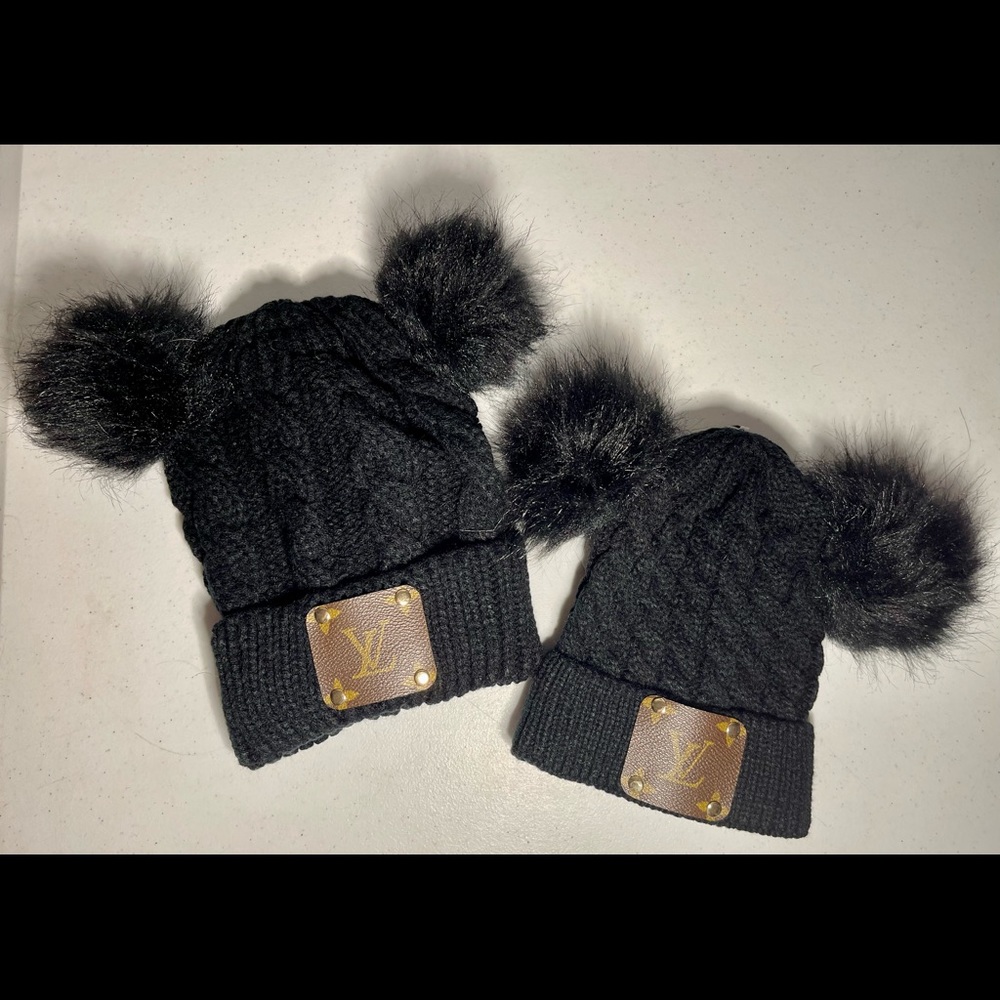 Mommy & Me Double Pom Pom Upcycled Luxury Beanies